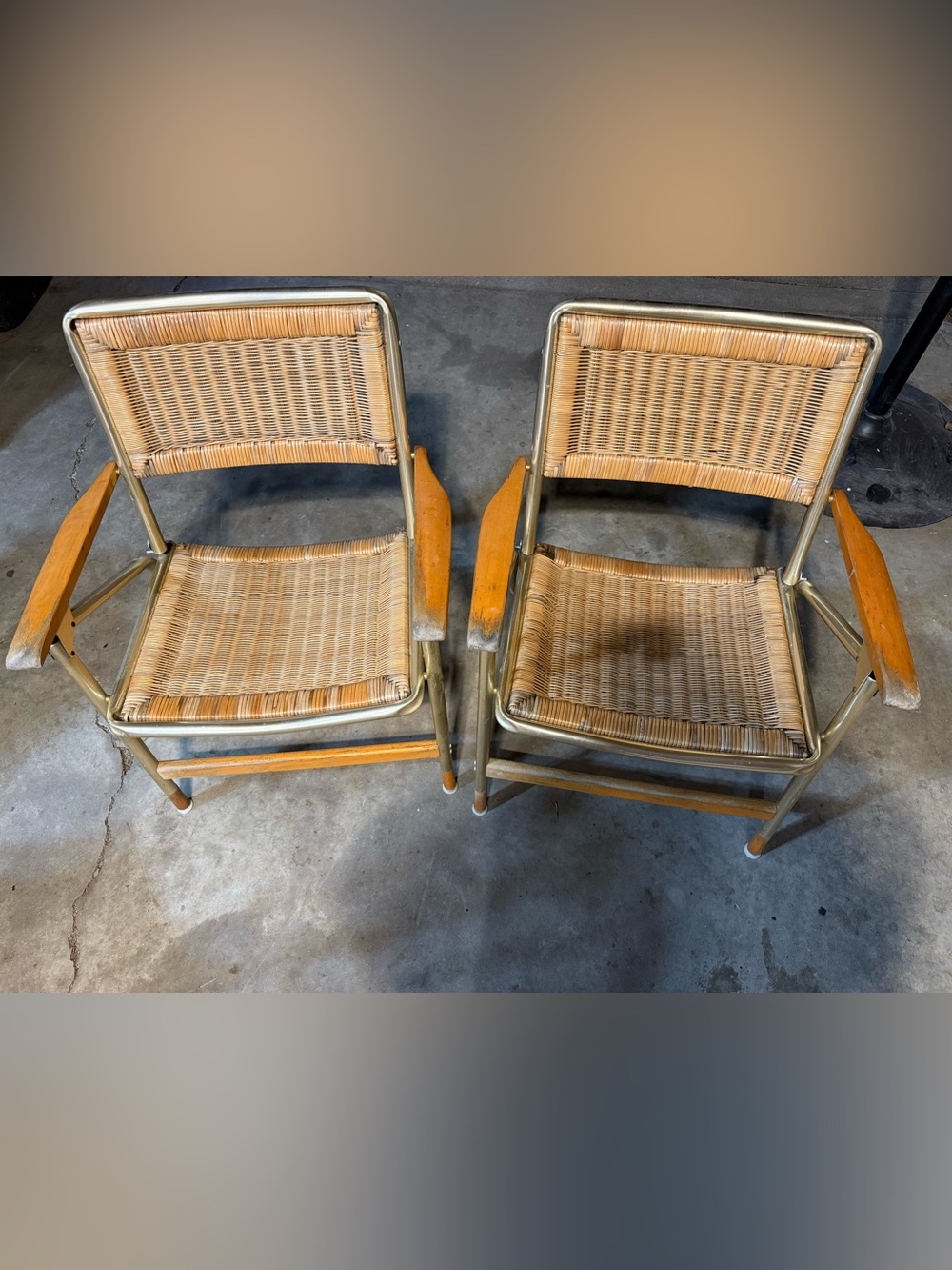 1969 Mid Century Modern Telescope Wicker and Aluminum Folding Chairs - a Pair